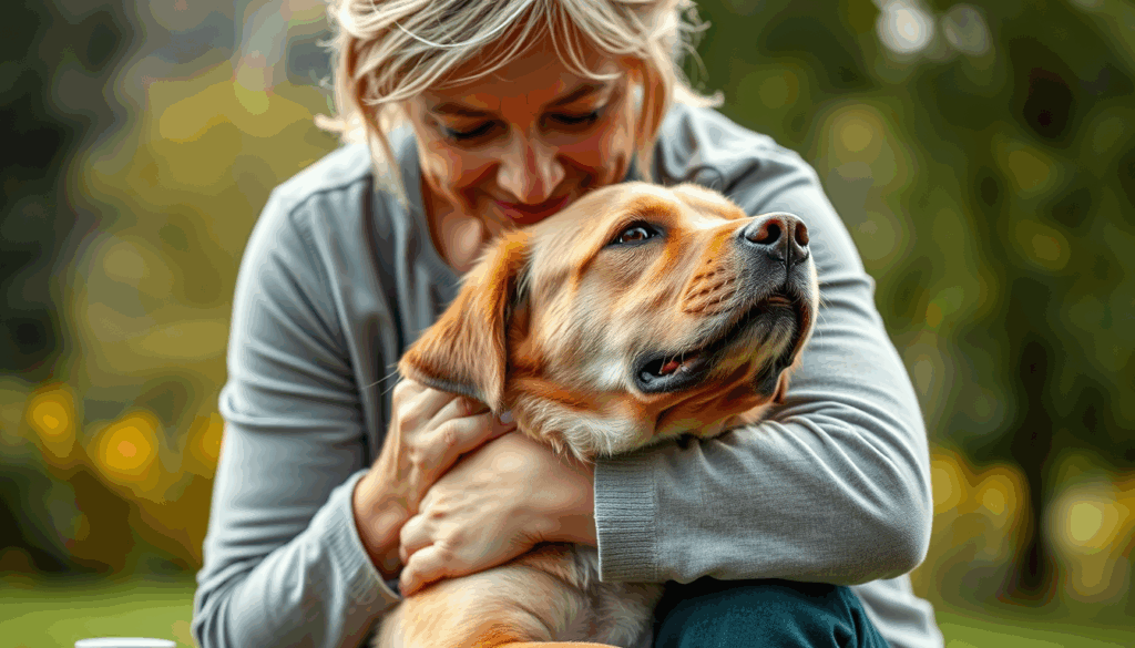 Frau betreut liebevoll einen Hund im Garten – Symbol für Vertrauen und Hundebetreuung