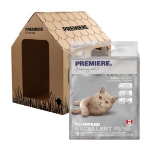 PREMIERE Excellent ohne Duft Klumpstreu Pure 12 kg + Gratis Katzenhaus