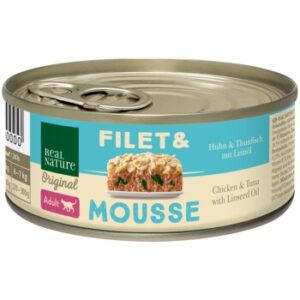 REAL NATURE Original Nassfutter Katze, Adult, Filet & Mousse Huhn und Thunfisch mit Leinöl 24x85 g