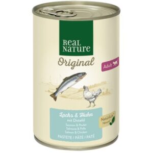 REAL NATURE Original Nassfutter Katze, Adult, Lachs und Huhn mit Distelöl 12x400 g