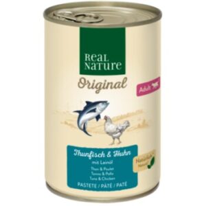 REAL NATURE Original Nassfutter Katze, Adult, Thunfisch und Huhn mit Leinöl 12x400 g