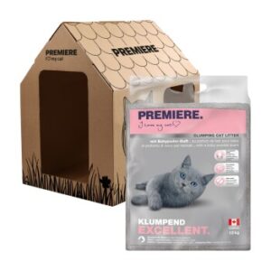 PREMIERE Excellent Babypuder Klumpstreu 12 kg + Gratis Katzenhaus
