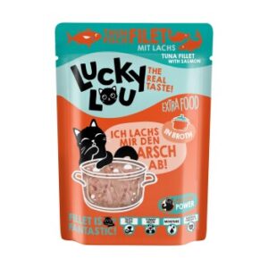 Lucky Lou Nassfutter Katze Extra Food Adult in Brühe Thunfisch und Lachs 12x70 g