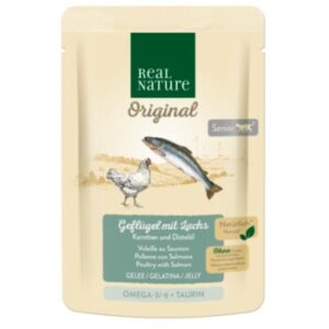 REAL NATURE Original Nassfutter Katze, Senior 12x85 g Geflügel mit Lachs, Karotten und Distelöl, in Gelee