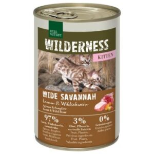 REAL NATURE WILDERNESS Nassfutter Katze, Kitten Wide Savannah, Lamm und Wildschwein 12x400 g