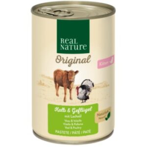 REAL NATURE Original Nassfutter Katze, Kitten Kalb und Geflügel mit Lachsöl 12x400 g