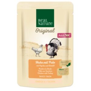 REAL NATURE Original Nassfutter für Katzen, Adult Huhn mit Pute mit Paprika und Distelöl 12x85 g