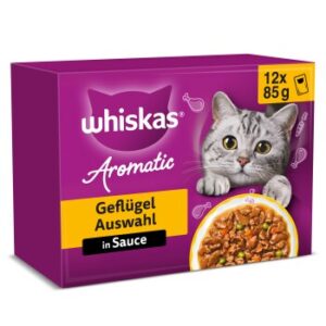 Whiskas Nassfutter Katze Adult, Multipack, 1+ Geflügel Auswahl, in Sauce 12x85 g
