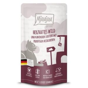 MjAMjAM Nassfutter Katze Adult, Quetschie, Wild und Kaninchen mit Heidelbeeren 12x125 g