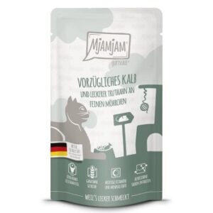MjAMjAM Nassfutter Katze Adult, Quetschie, Kalb und Truthahn an Möhrchen 12x125 g