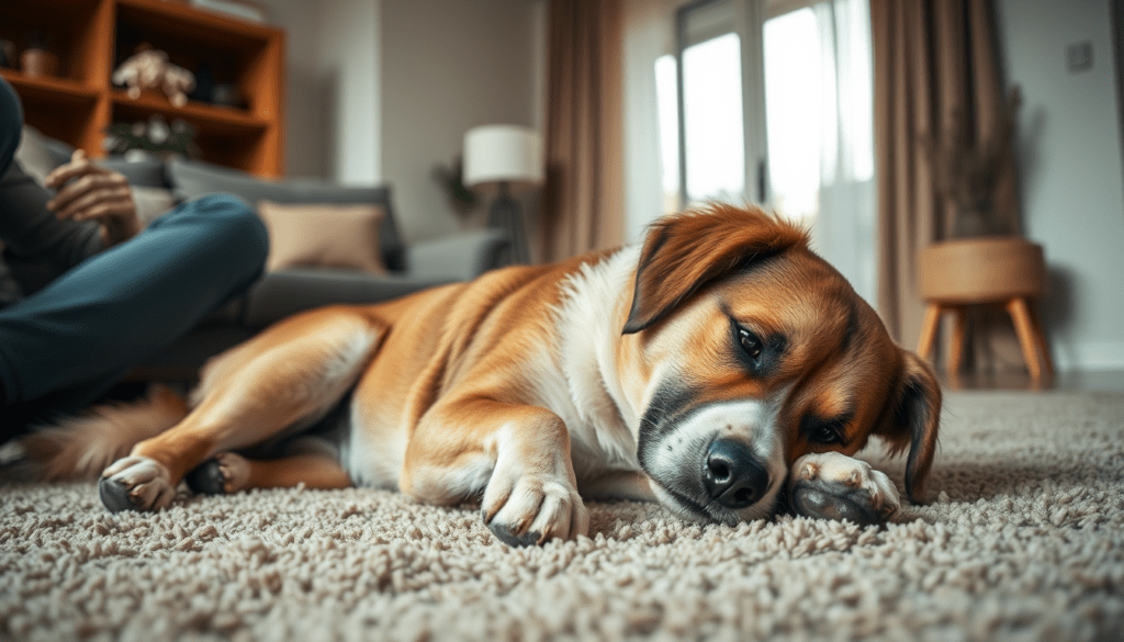 Hund mit Juckreiz kratzt sich im Wohnzimmer